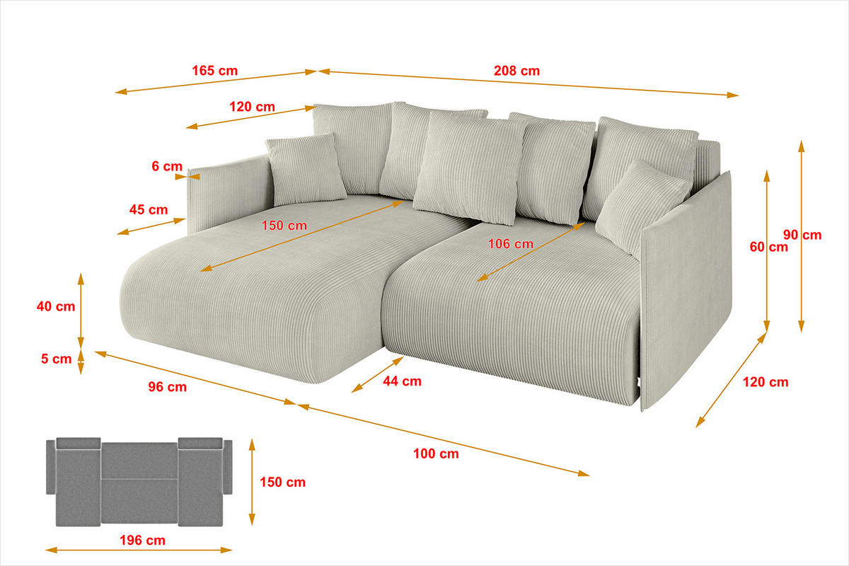 ECKSOFA mit Schlaffunktion und Bettkasten ONESK-L 208x165x40 Hellgrau Cord - Hellgrau, Holzwerkstoff/Kunststoff (208/165cm) - ALTDECOR