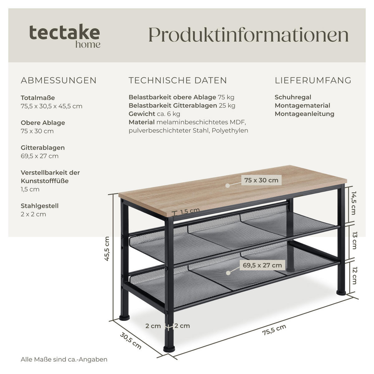 SCHUHREGAL Derry,75,5 x 30,5 x 45,5 cm,Industrial Holz hell, Eiche Sonoma - Naturfarben, Holz (30.5/45.5/75.5cm) - tectake
