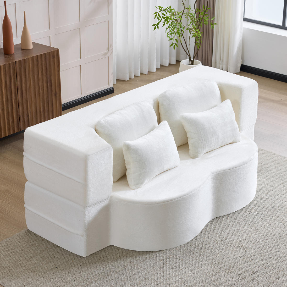 2-SITZER SCHLAFSOFA Flanell Weiß klappbar mit Kissen - Weiß, Textil (198/76/120cm) - WISHDOR