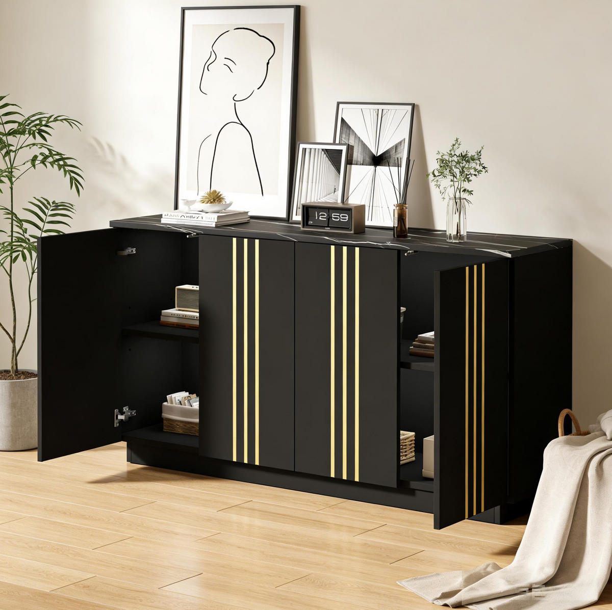 SIDEBOARD 140/35/70 cm schwarz aus Spanplatte mit 4 Türen - Schwarz, Holzwerkstoff (140/70/35cm) - OKWISH