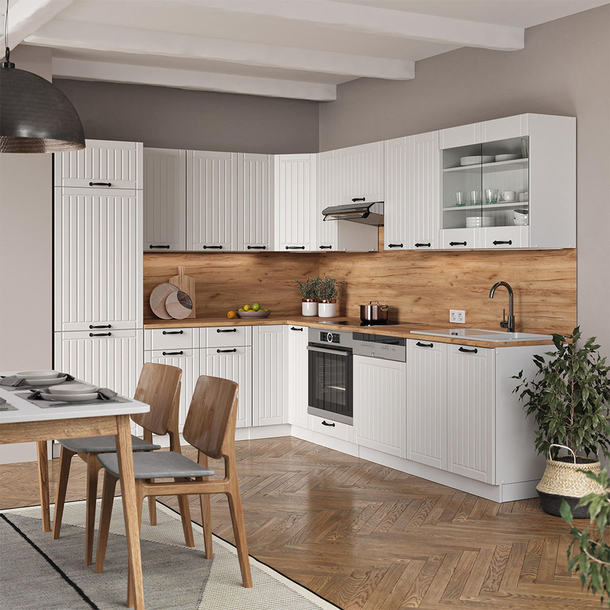 ECKKÜCHE Fame-Line Weiß Landhaus/Weiß 227 x 287 cm, AP Marmor - Creme/Weiß, Holzwerkstoff (287/81.6/60cm) - Vicco