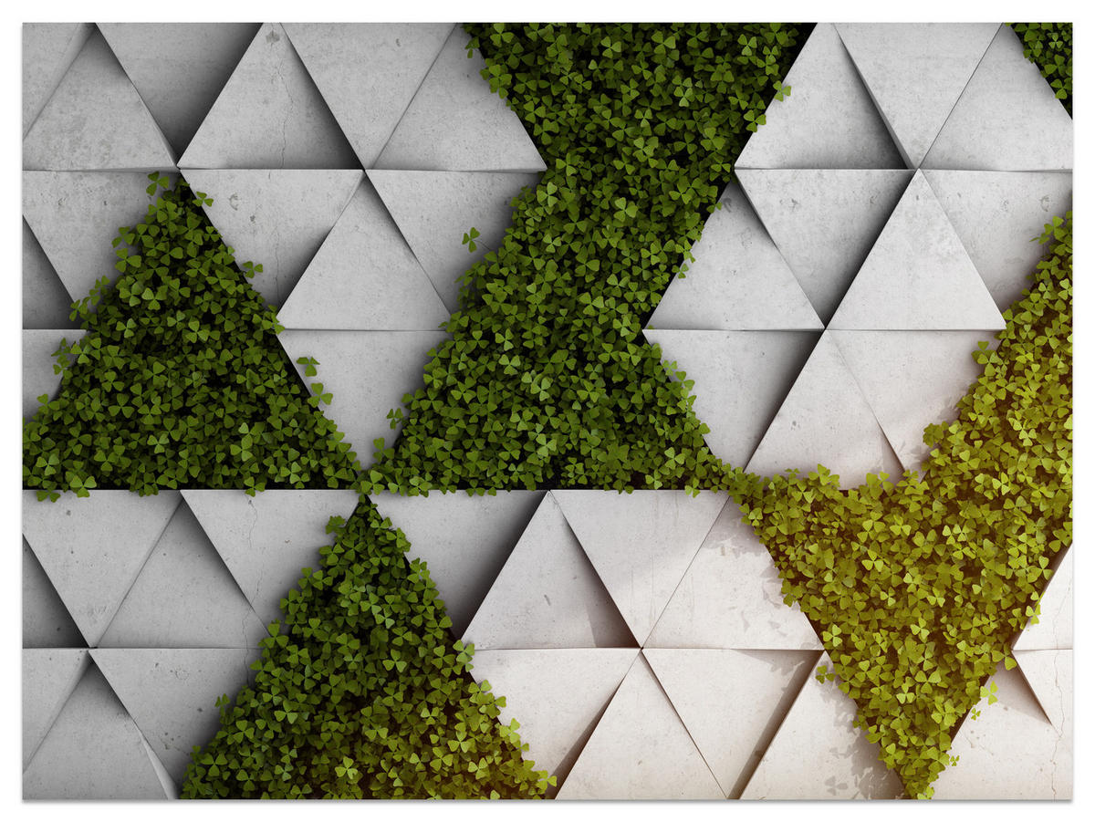 FOTOTAPETE für Wohnzimmer Klee Beton Dreiecke Abstraktion Modern 450x315 - Grau/Grün, Papier (450/315cm) - Muralo