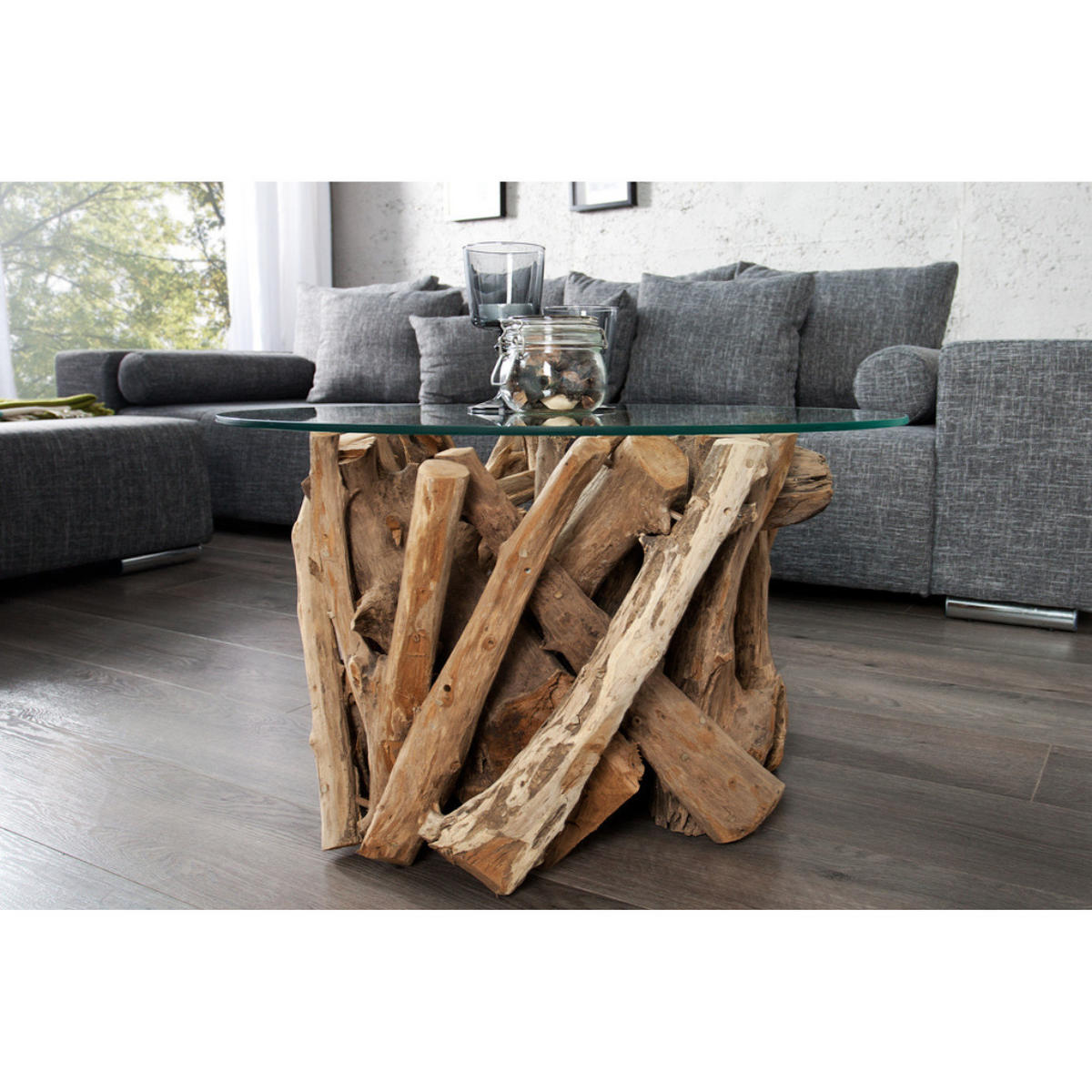 COUCHTISCH NATURE LOUNGE Teakholz rund 60cm - Transparent/Braun, Glas/Holz (60/60/40cm) - riess-ambiente