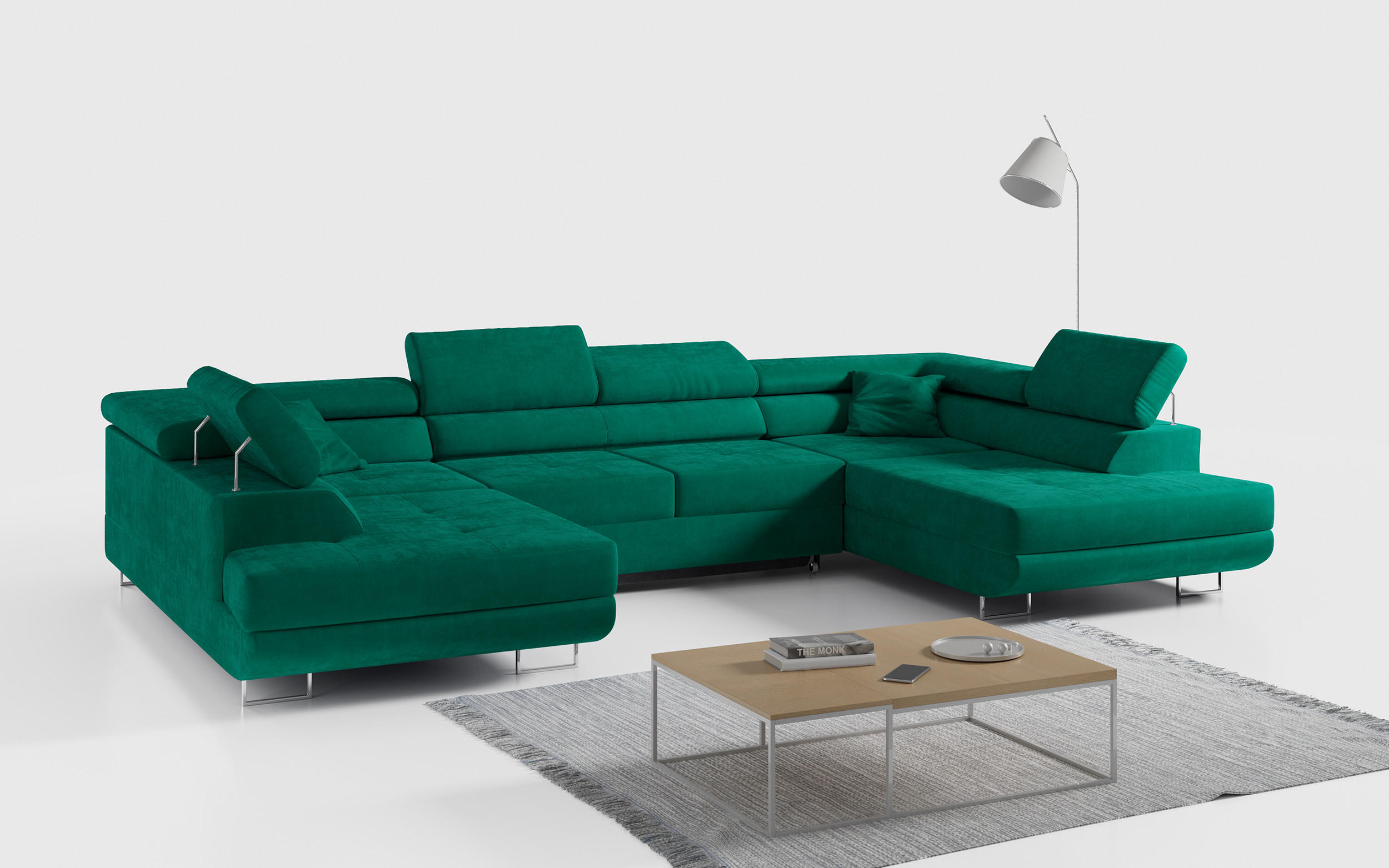 WOHNLANDSCHAFT GUSTAW U Grün Velvet - Silberfarben/Grün, Textil/Metall (340/55/205cm) - MKS