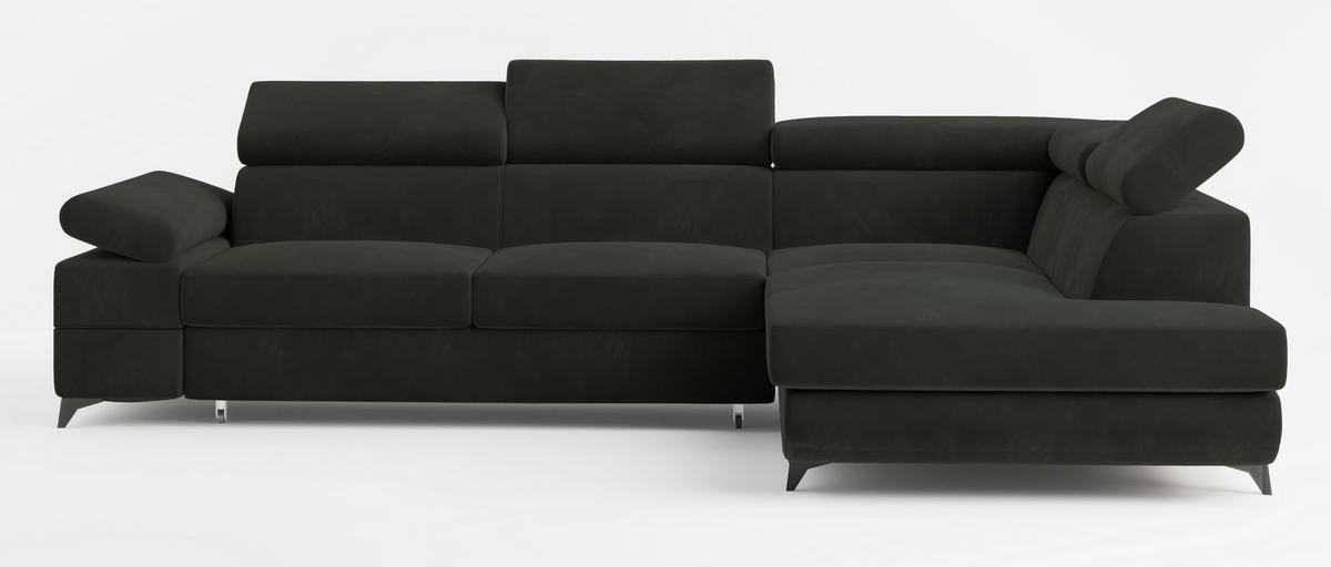 ECKSOFA FAVIEN R-S Schwarz Velours-Stoff mit Schlaffunktion - Schwarz, Holz (257/190cm) - MASSENO
