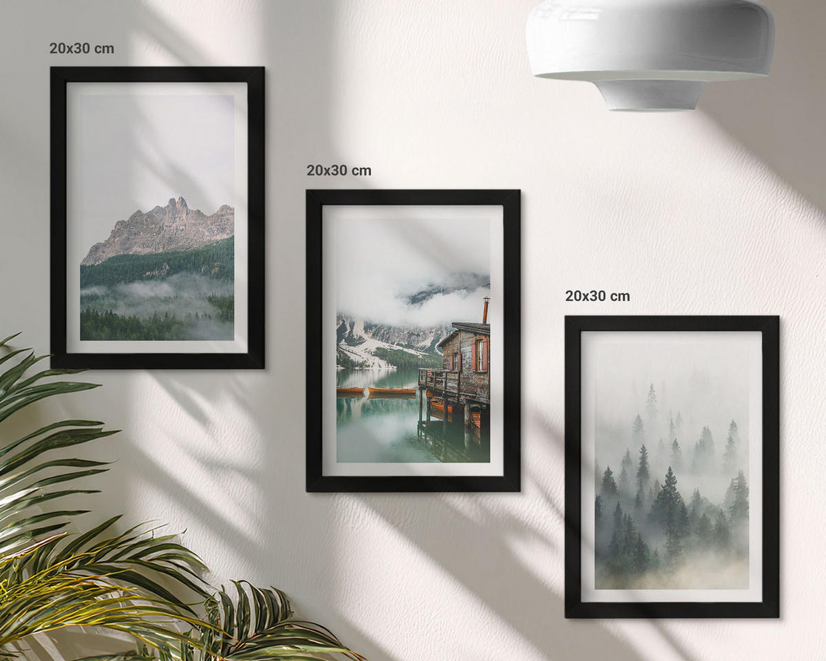 WANDBILDER 3er-Set - 20x30 cm Schwarzer Rahmen - Berge, See, Hütte, Nebel - Schwarz, Kunststoff (20/30cm) - ArtPrintCave