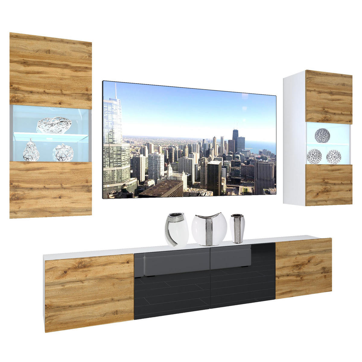 WOHNZIMMERWAND Schrankwand mit LED Wotan Eiche / Schwarz seiten Wotan Eiche - Schwarz/Braun, Holz (200/180/36cm) - B BELINI GROUP