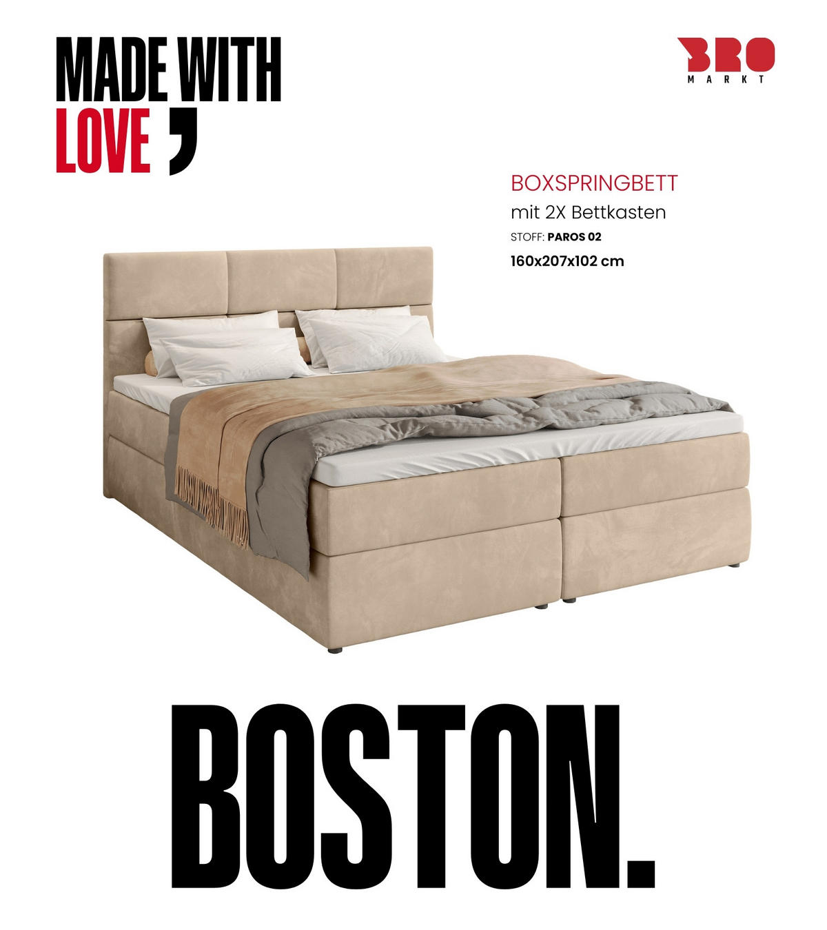BOXBETT Boston mit Topper 160/200 Beige - Beige, Holzwerkstoff/Textil (160/200cm) - Bromarkt