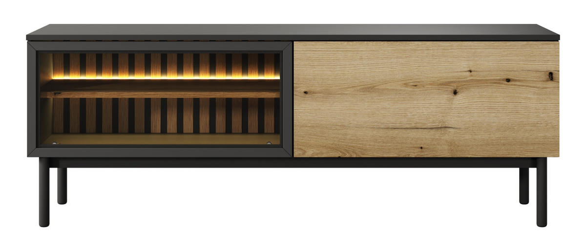 TV-SCHRANK mit Glas 150 cm Jotare, LED, Schwarz, Eiche Evoke - Schwarz, Holz (150/55/39cm) - Emporius