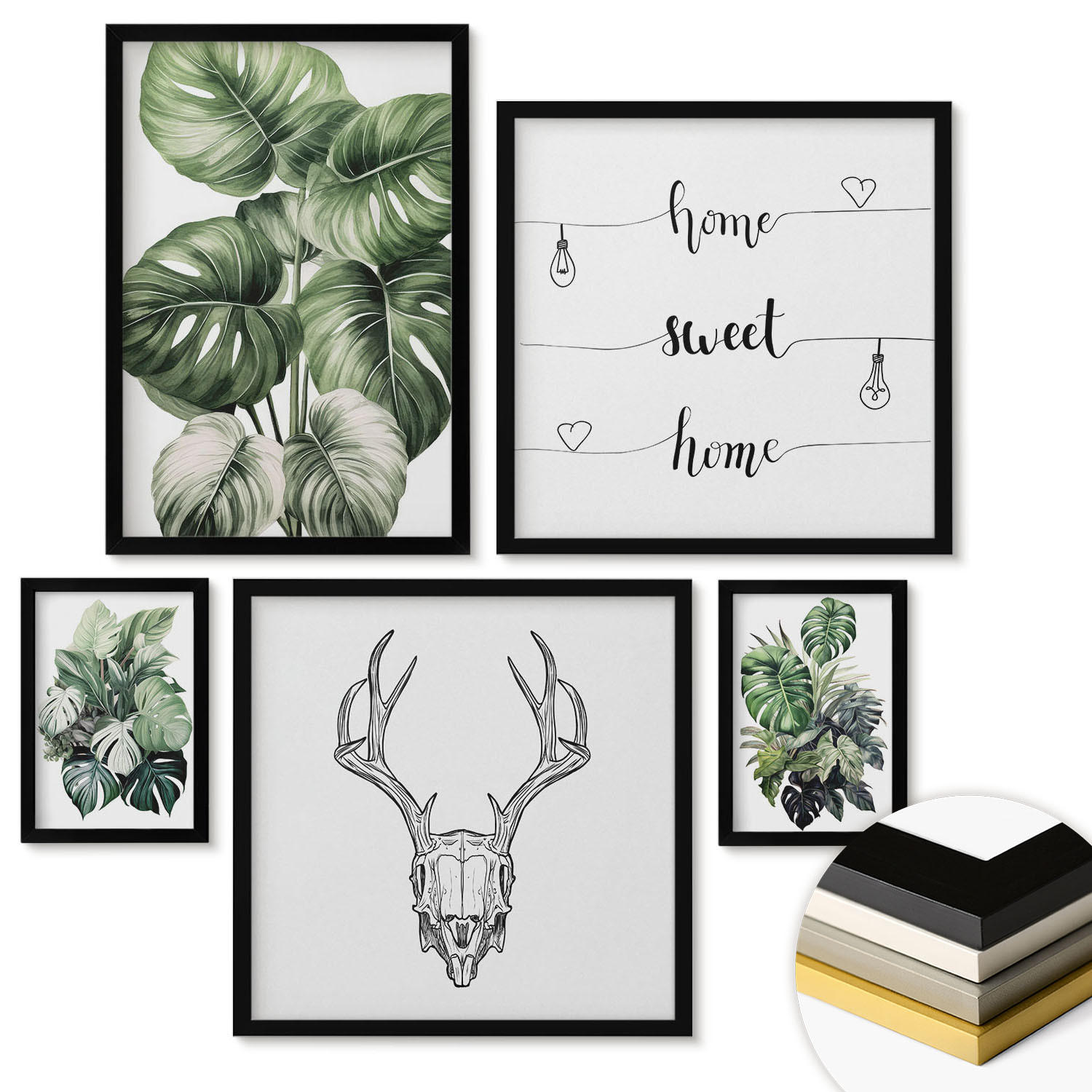 WANDBILDER 5er-Set - 50x50 cm & 20x30 cm & 40x60 cm Schwarzer Rahmen - Ausblicke auf Berge, Flüsse und Wasserfälle - Schwarz, Kunststoff (40/60cm) - ArtPrintCave