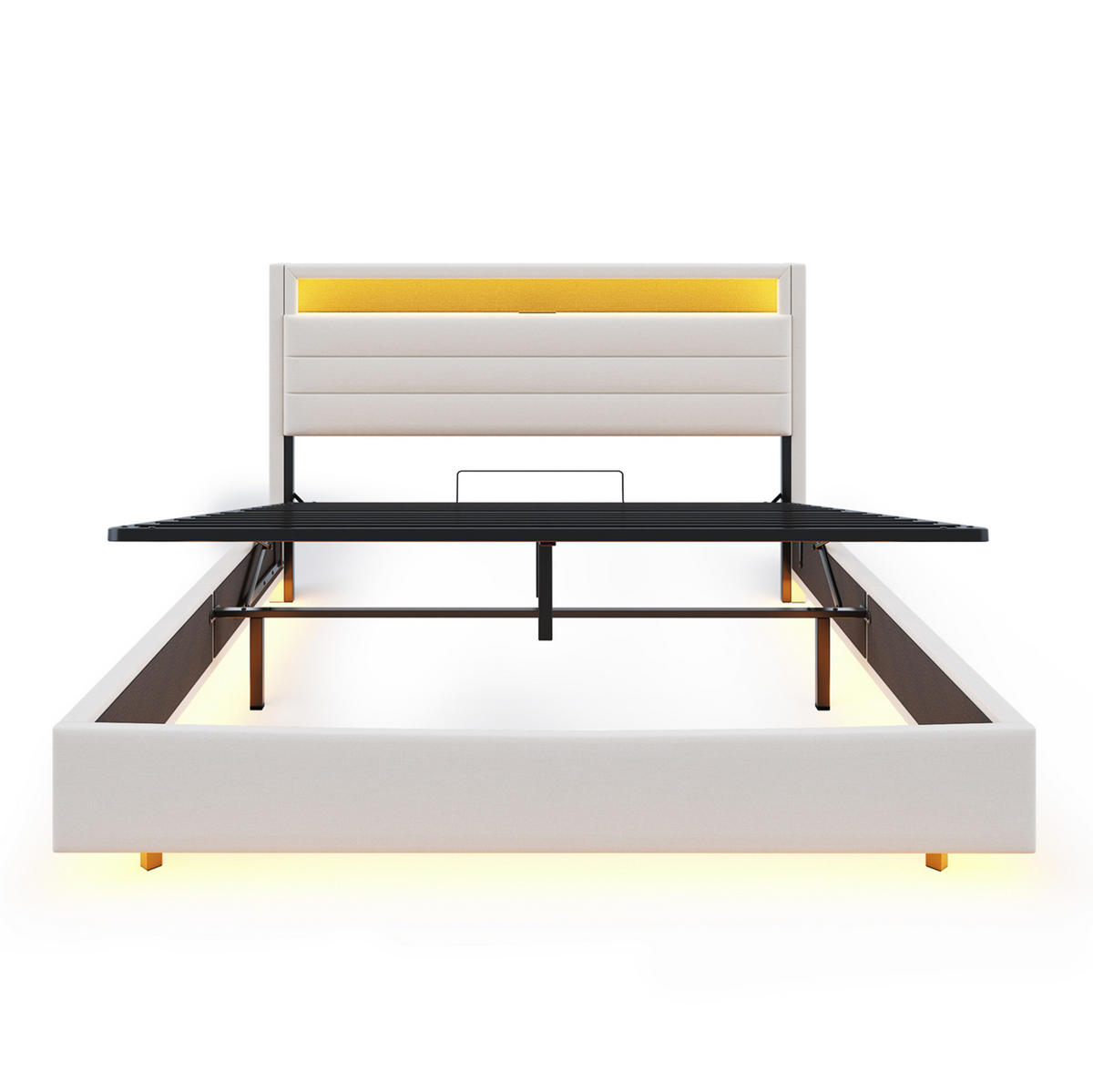 POLSTERBETT aus Leinen 140x200 cm Beige mit LED-Beleuchtung, USB-Anschluss und hydraulischem Stauraum - Beige, Textil (140/200cm) - Modfu