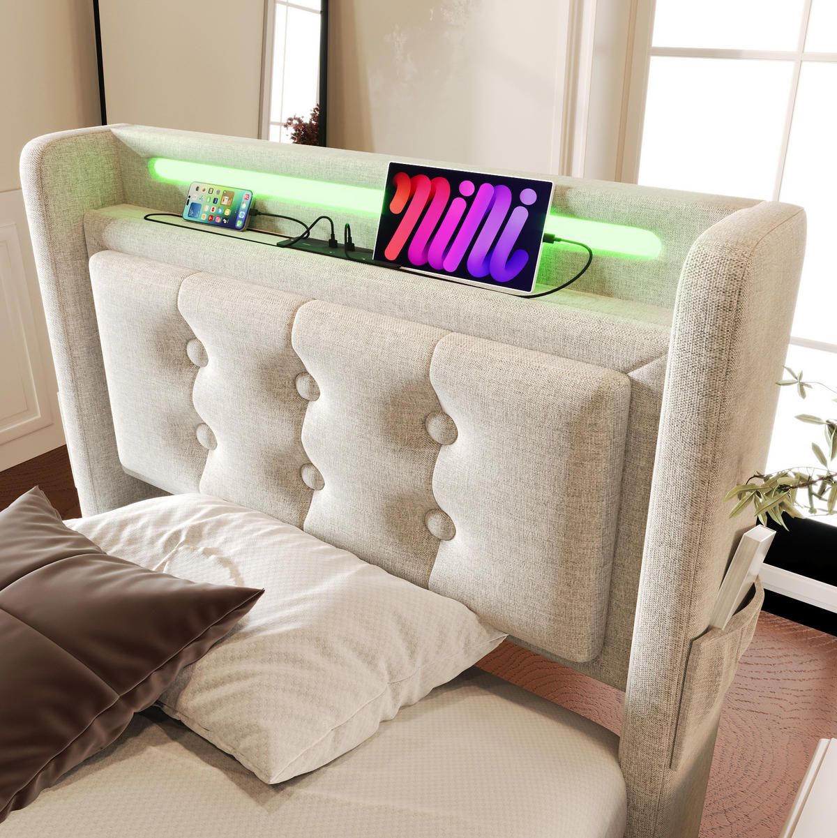 POLSTERBETT 90/200 cm Beige aus Baumwoll-Leinen mit LED und Ladefunktion - Beige, Textil (90/200cm) - OKMYHOME