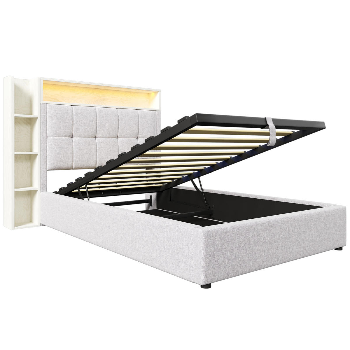 POLSTERBETT 90/200 cm Beige mit USB- und Type-C-Anschlüssen und LED-Beleuchtung - Beige, Textil (90/200cm) - OKWISH