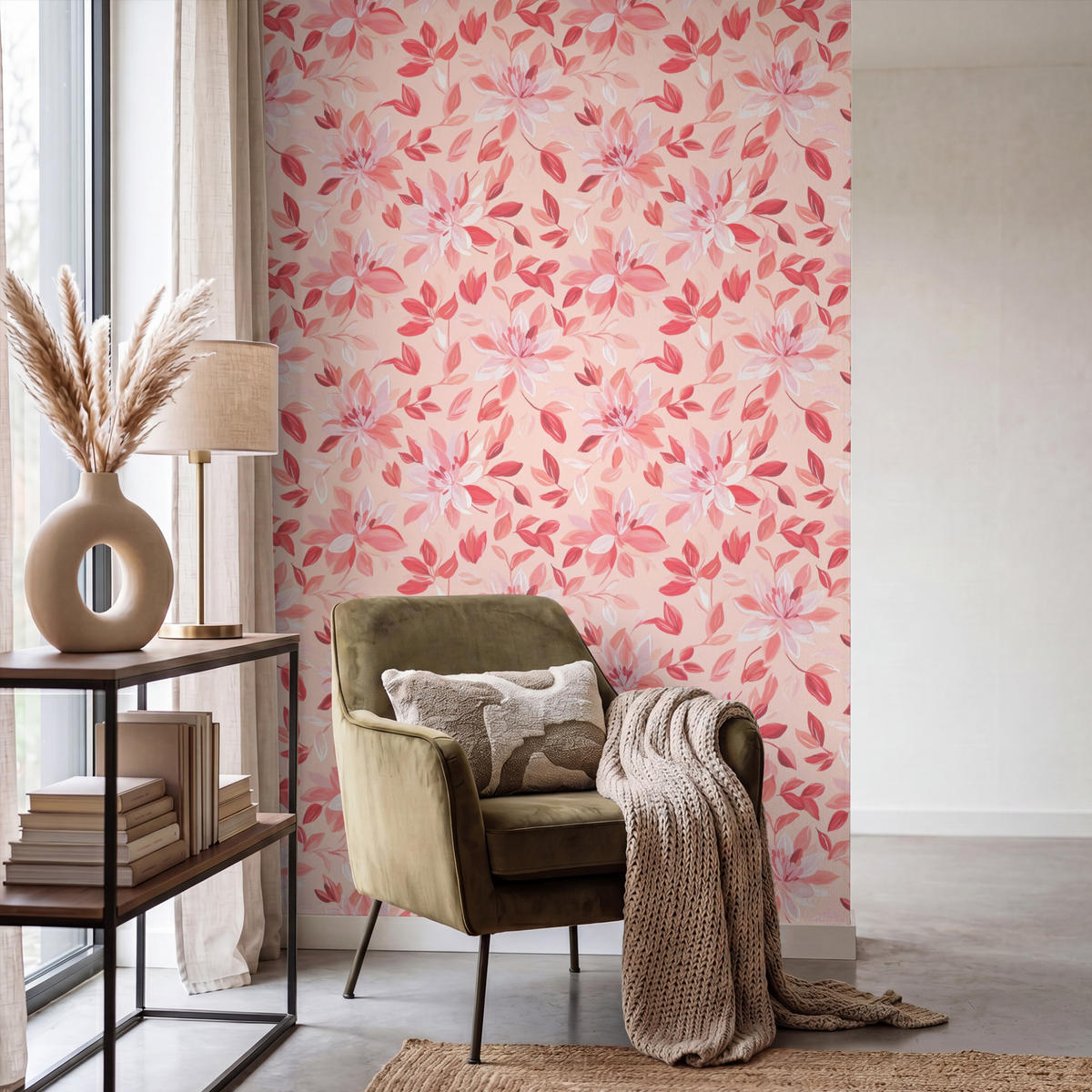 TAPETE - Botanisch - Blumen - Rot - 140x200 cm - Koralle, Papier (140/200cm) - OnlyWow