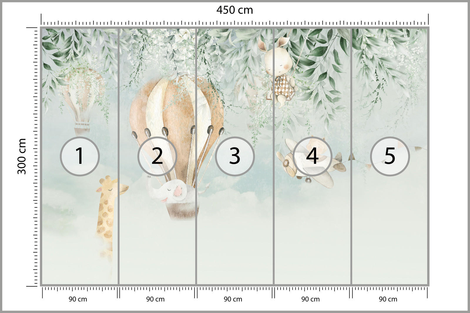 FOTOTAPETE Für Kinder TIERE Luftballons Blätter Blumen Wolken 450x300cm - Beige/Braun, Papier (450/300cm) - Muralo