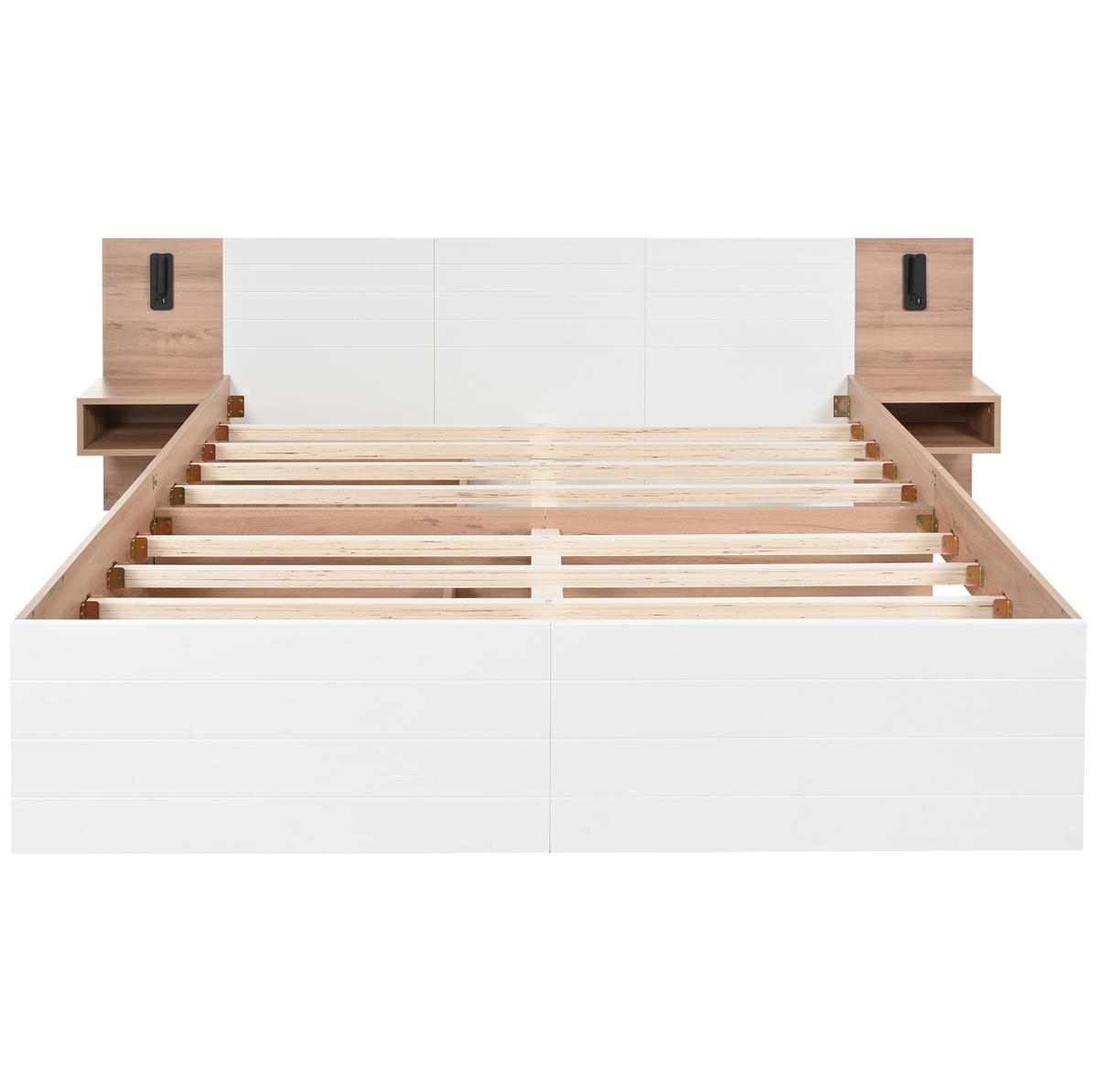 BETT 140/200 cm in Weiß/Eiche mit Matratze, USB und 2 Schubladen - Weiß, Holzwerkstoff (140/200cm) - Flora Grace