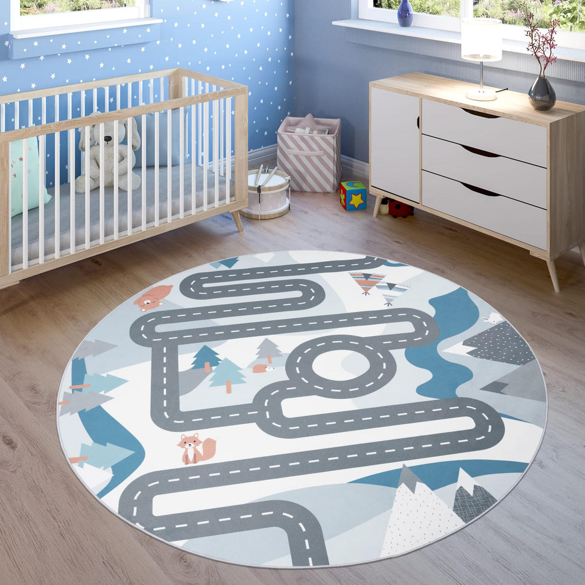 KINDERTEPPICH waschmaschinenwaschbar Wald‑Straßen Kinderzimmer schmutzabweisend Creme Rund 160D - Creme, Textil (160/160cm) - KADIMA DESIGN