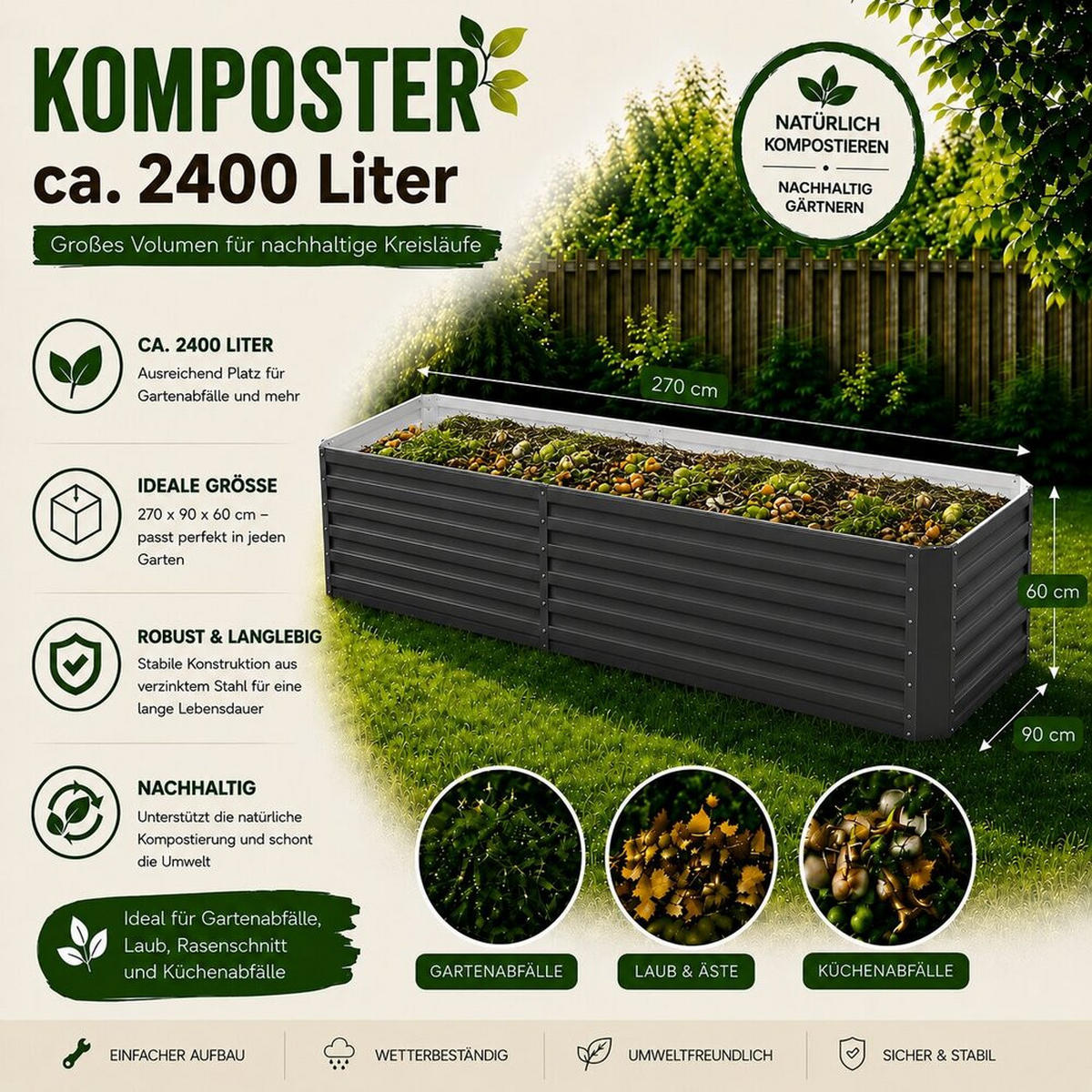 KOMPOSTER Garten, Anthrazit, 270 x 90 cm - Anthrazit, Metall (270/60/90cm) - Vicco
