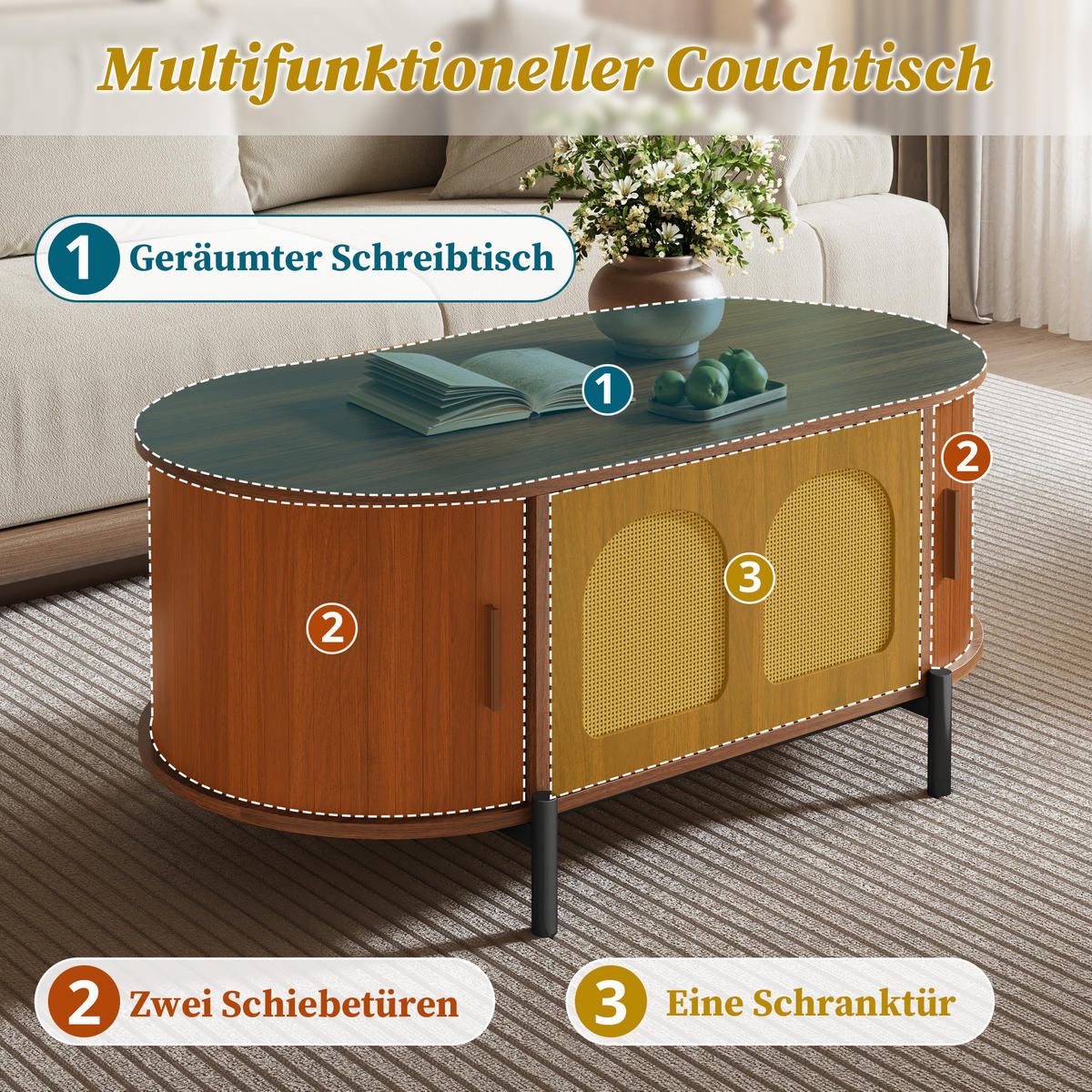 COUCHTISCH Nussbaum mit Rattantüren oval 100×50×40 cm aus MDF - Nussbaumfarben, Holzwerkstoff (50/100/40cm) - Luhomfu