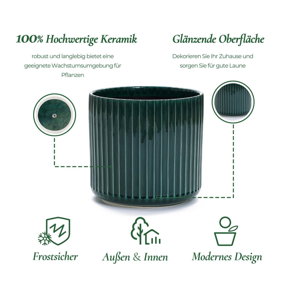 BLUMENTOPF Keramik Dunkelgrün Grün und Weiß Ø35.5xH33 cm - Grün, Keramik (33.5cm)