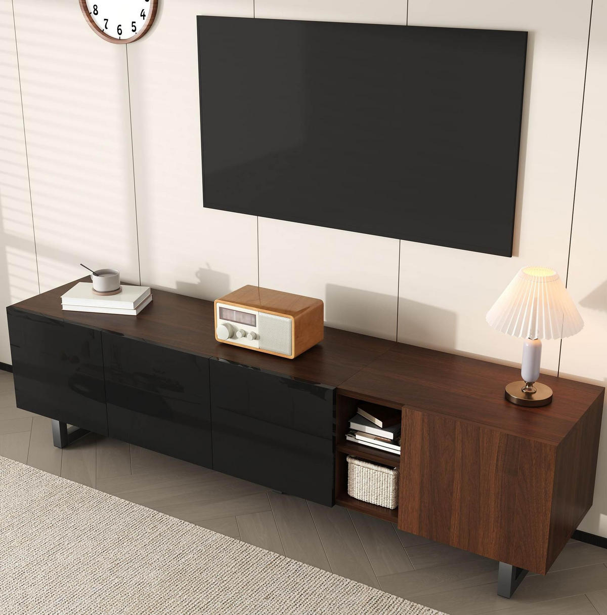 TV skrinka 180/38/50 cm, čierna a prírodná, MDF, moderná minimalistická - svetlohnedá, kompozitné drevo (180/50/38cm) - BEAOK