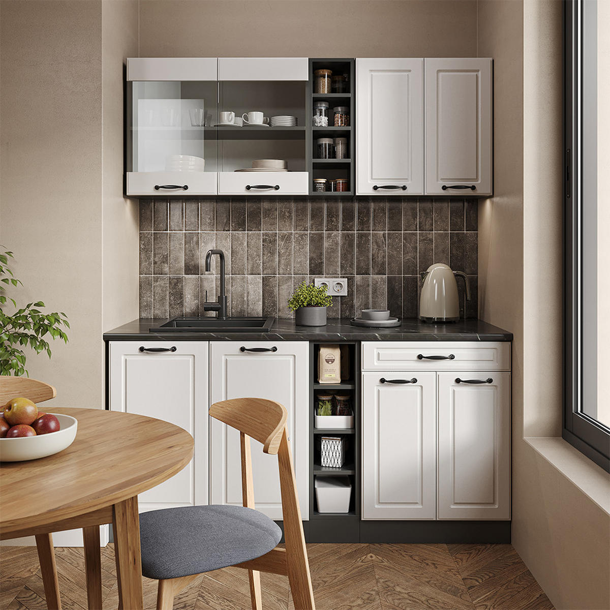 SINGLEKÜCHE R-Line Weiß Landhaus/Anthrazit 160 cm, AP Marmor - Anthrazit/Creme, Holzwerkstoff (160/81.6/60cm) - Vicco