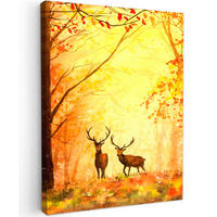 LEINWANDBILD Natur - Ölfarbe - Hirsche - Tiere - Herbst - Orange 60x80 cm - Orange, Textil (60/80cm) - MuchoWow
