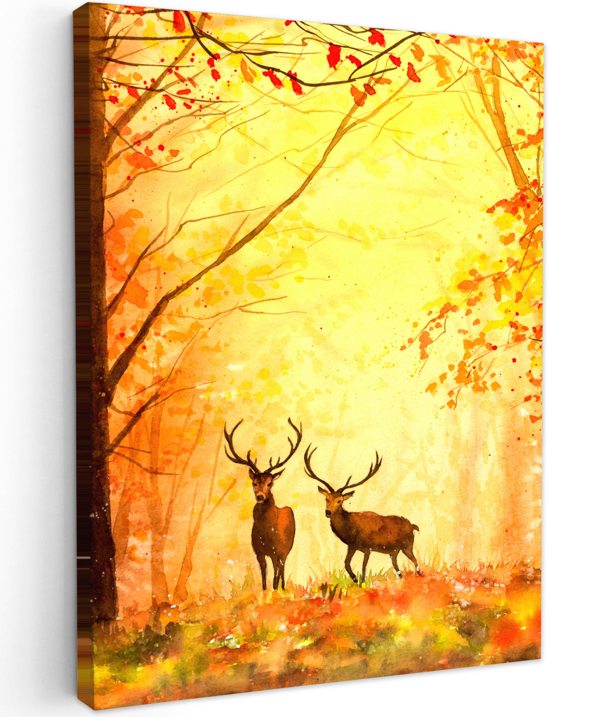 LEINWANDBILD Natur - Ölfarbe - Hirsche - Tiere - Herbst - Orange 60x80 cm - Orange, Textil (60/80cm) - MuchoWow