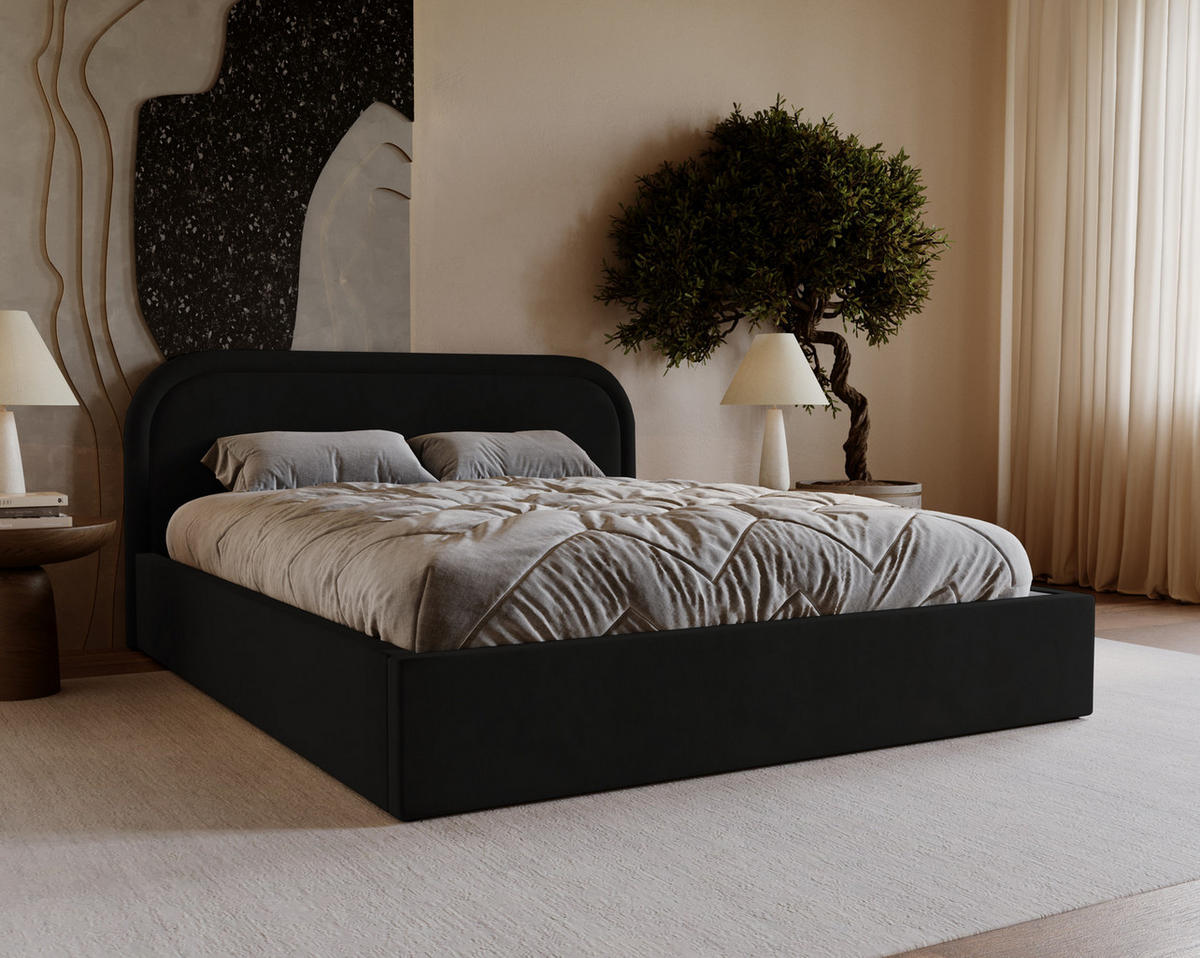 POLSTERBETT 180x200 Dune mit Bettkasten, runde Kopfteil, Samt, Schwarz - Schwarz, Holz/Textil (180/200cm) - Emporius