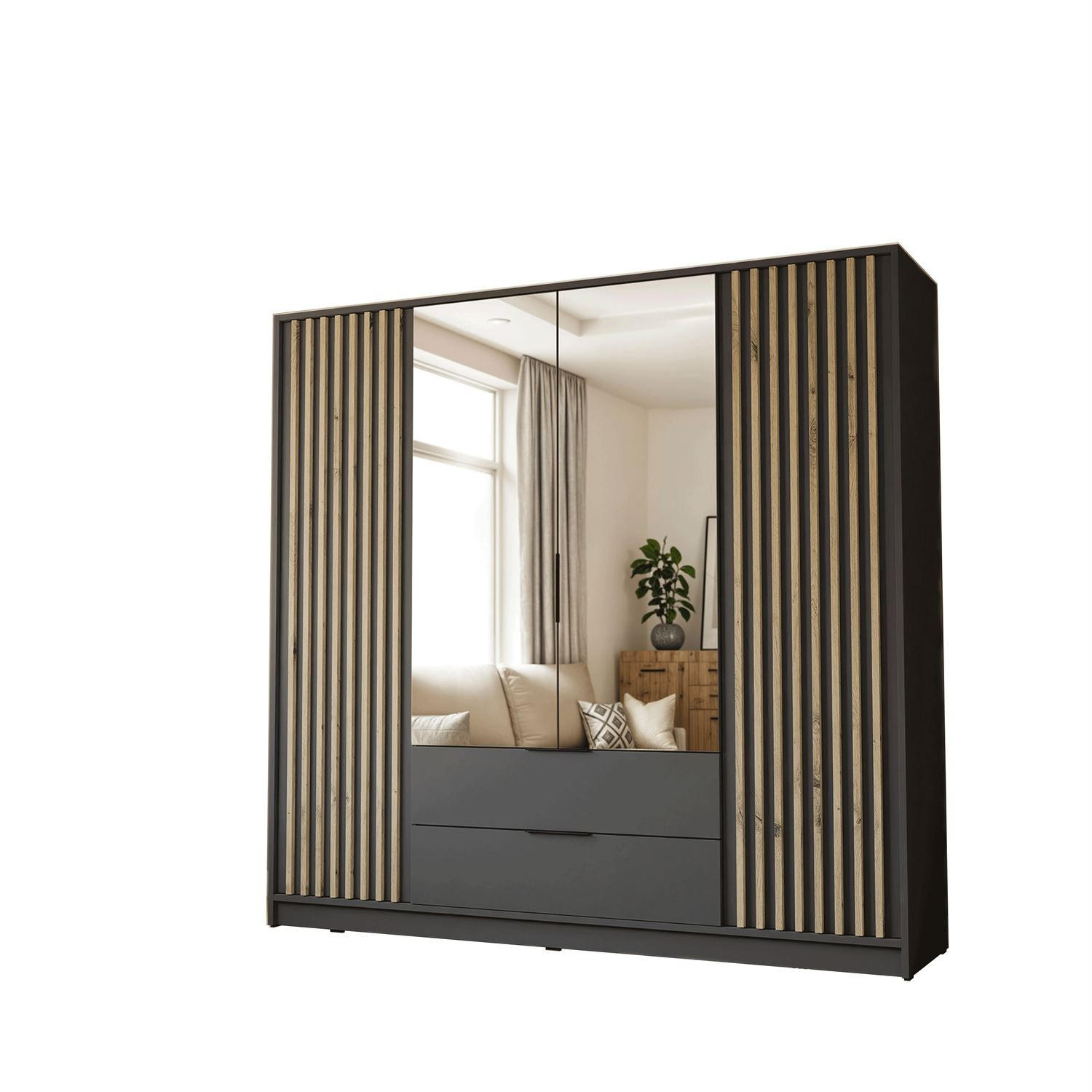 KLEIDERSCHRANK NELA, viertürig mit Lamellen und Spiegel, 206 cm, Graphit/Artisan - Graphitfarben, Holzwerkstoff (206/200/51cm) - Lookway