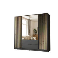 KLEIDERSCHRANK NELA, viertürig mit Lamellen und Spiegel, 206 cm, Graphit/Artisan - Graphitfarben, Holzwerkstoff (206/200/51cm) - Lookway