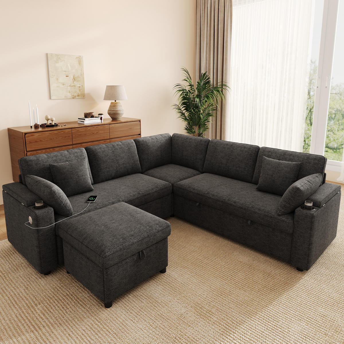 ECKSOFA mit Schlaffunktion Stauraum und USB Type-C - Grau, Textil (204/204cm) - EVRYAE