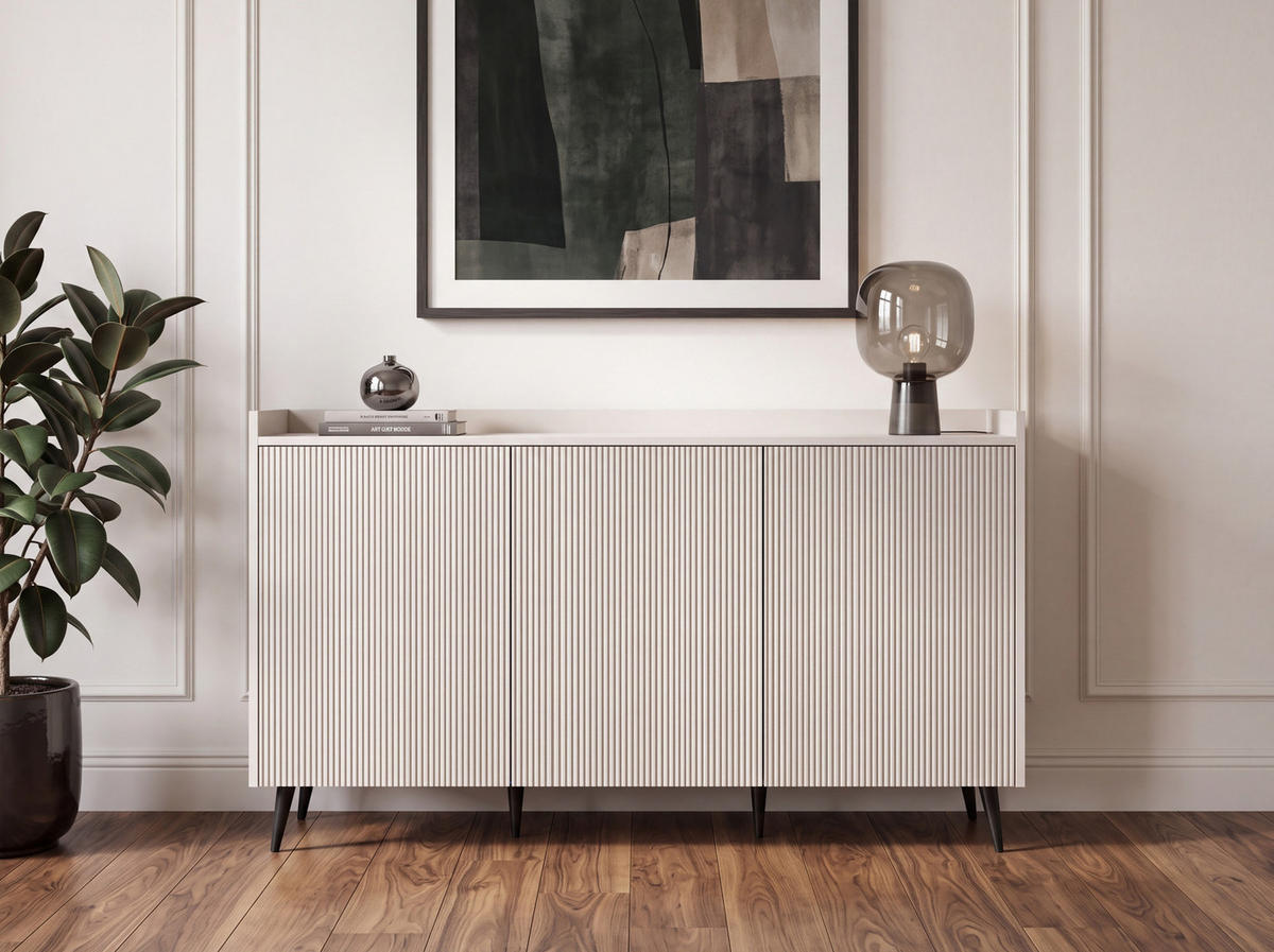 SIDEBOARD Arysa – Geriffelt, 3 Türen, Hohe Metallfüße – Kaschmir 150/92/41 cm - Kaschmir/Beige, Holzwerkstoff/Metall (150/92/41cm) - WFL GROUP