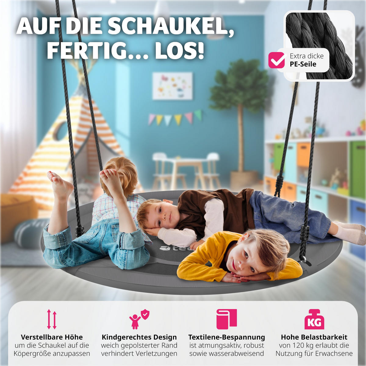 NESTSCHAUKEL Swayer,Textilene-Bespannung,grau/schwarz - Schwarz/Grau, Kunststoff (120/120cm) - tectake