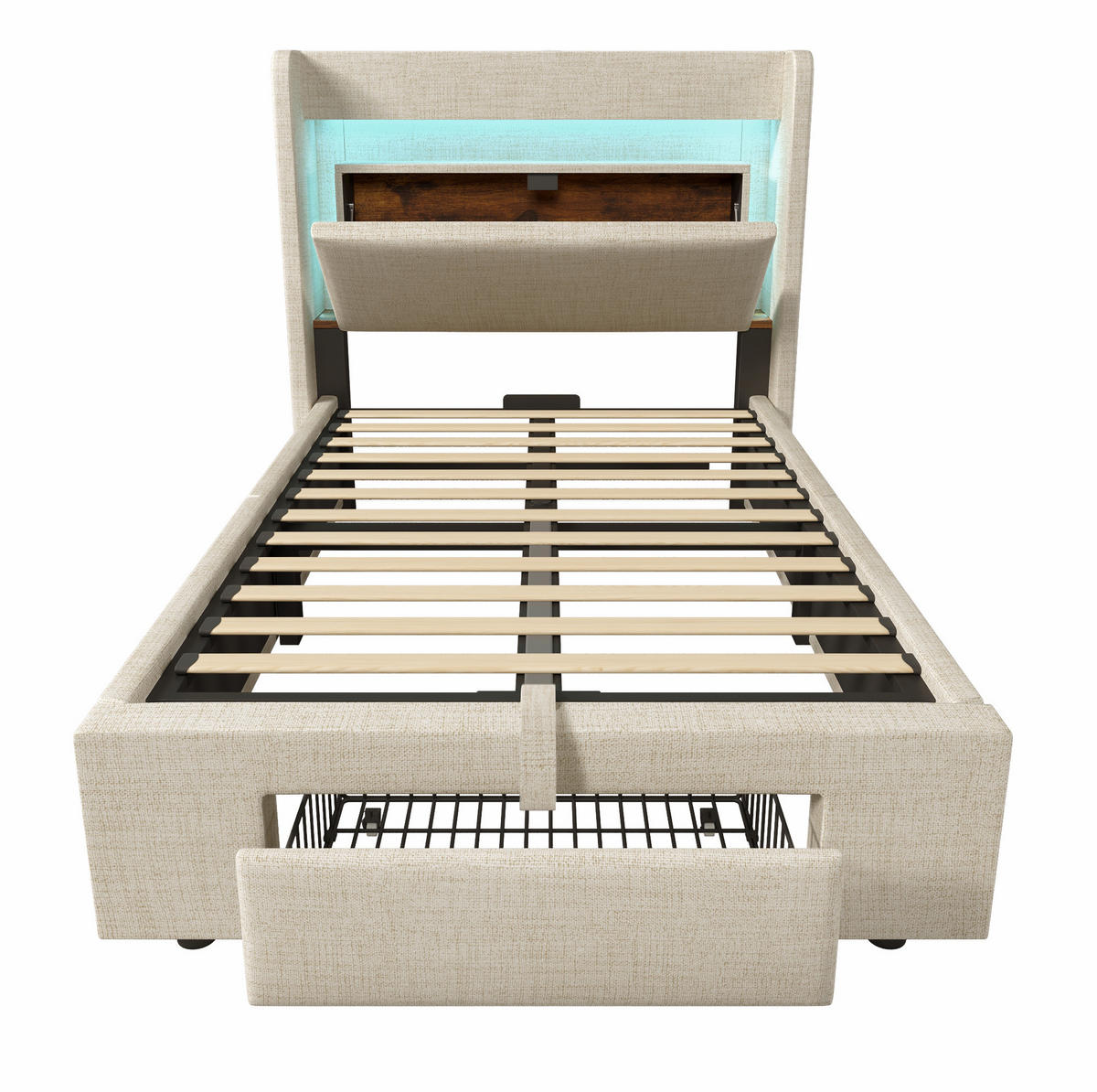 POLSTERBETT aus Leinen 90x200 cm Beige mit Bettkasten, Schublade, LED-Beleuchtung und USB-Anschlüssen - Beige, Textil (90/200cm) - IVMEU
