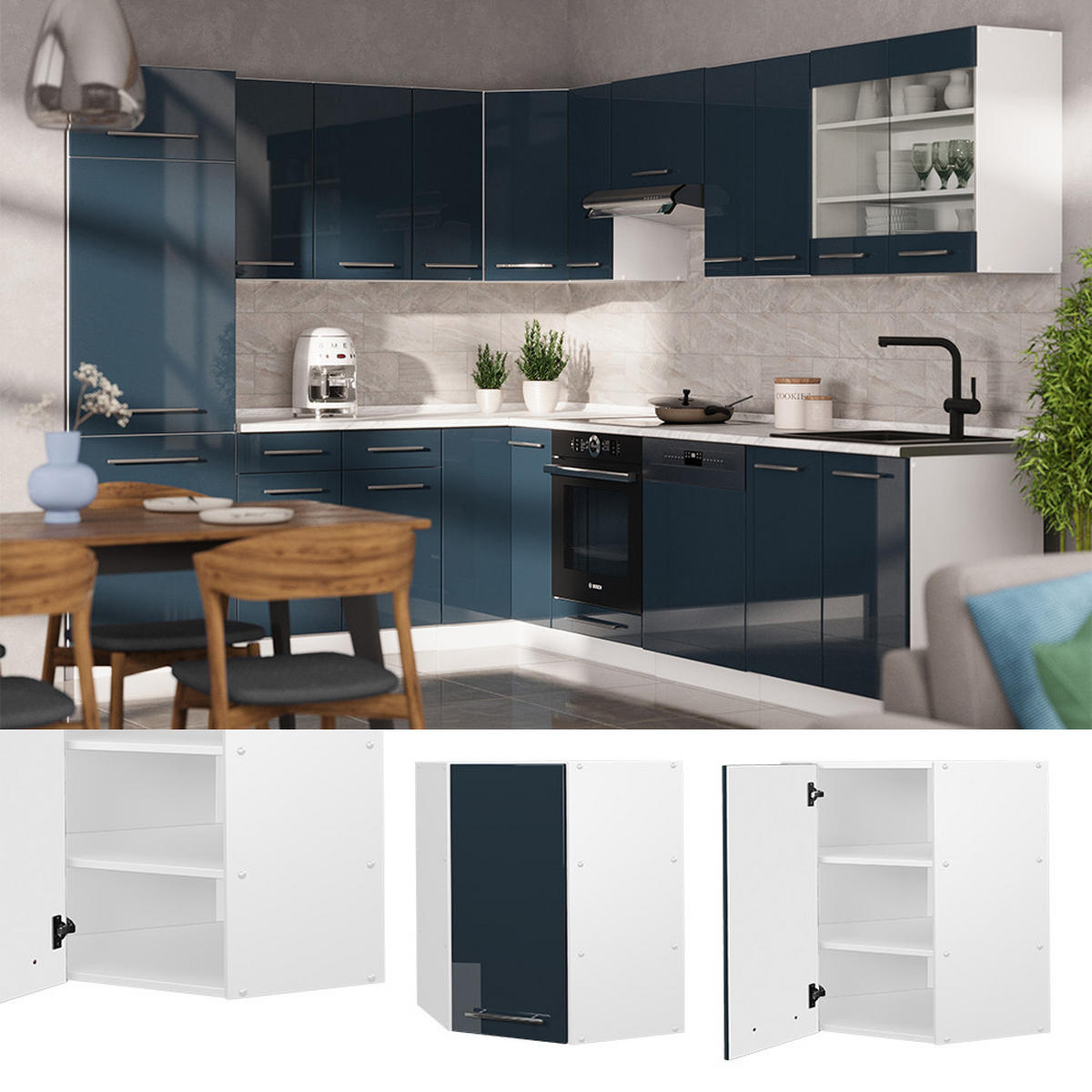 ECKHÄNGESCHRANK Fame-Line Dunkelblau Hochglanz 57 cm - Weiß/Dunkelblau, Holzwerkstoff (57/72/34.1cm) - Vicco