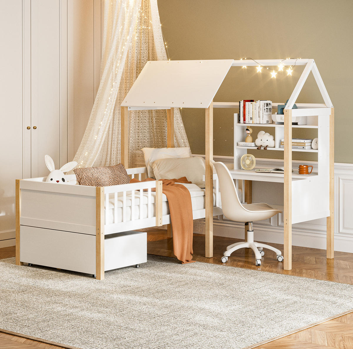 KINDERBETT 90/200 cm Weiß aus Massivholz und MDF mit Schreibtisch und Regal - Weiß, Holz (90/200cm) - OKMYHOME