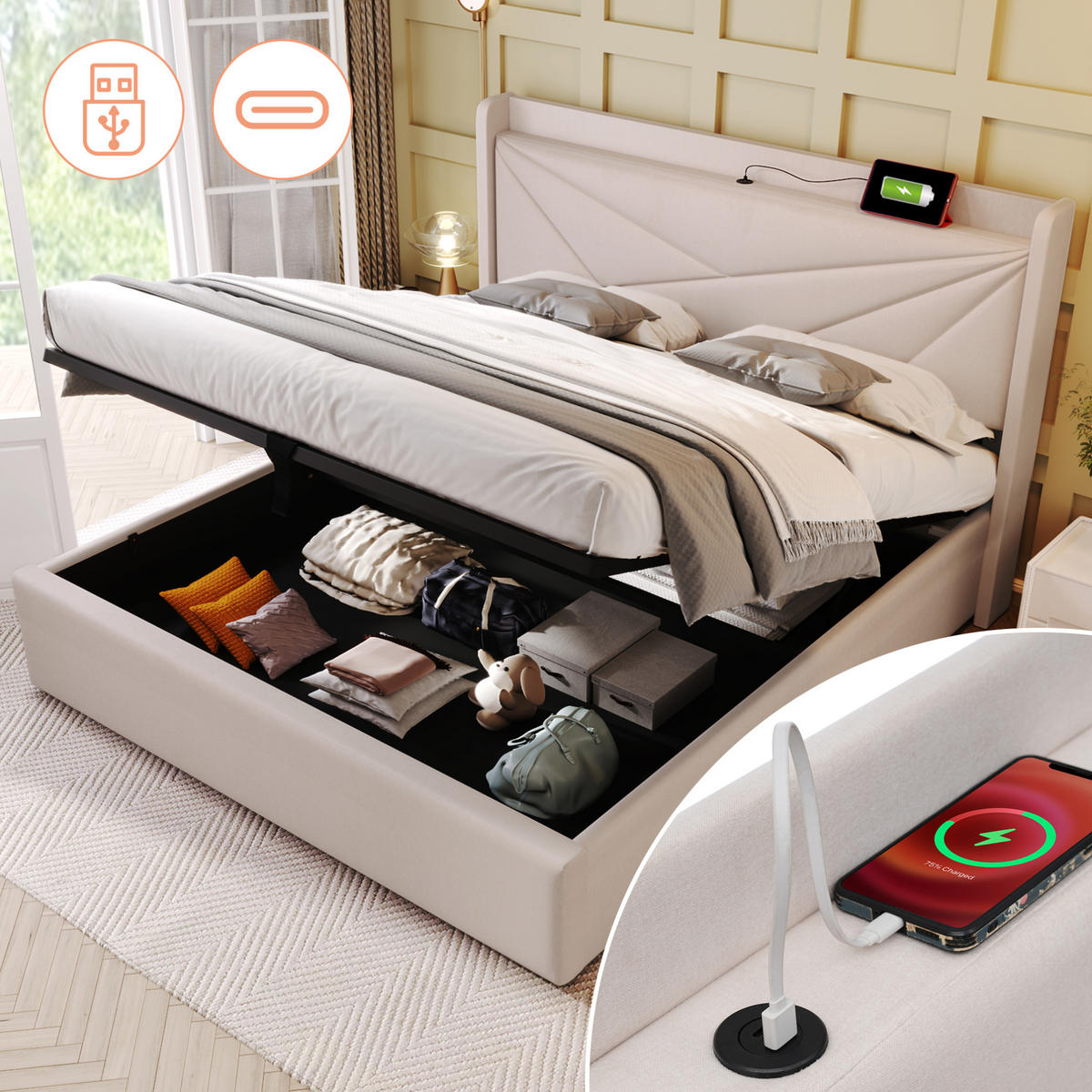 BETT mit Bettkasten und USB/Typ-C 180x200 cm Beige - Beige, Metall (180/200cm) - Meubliv