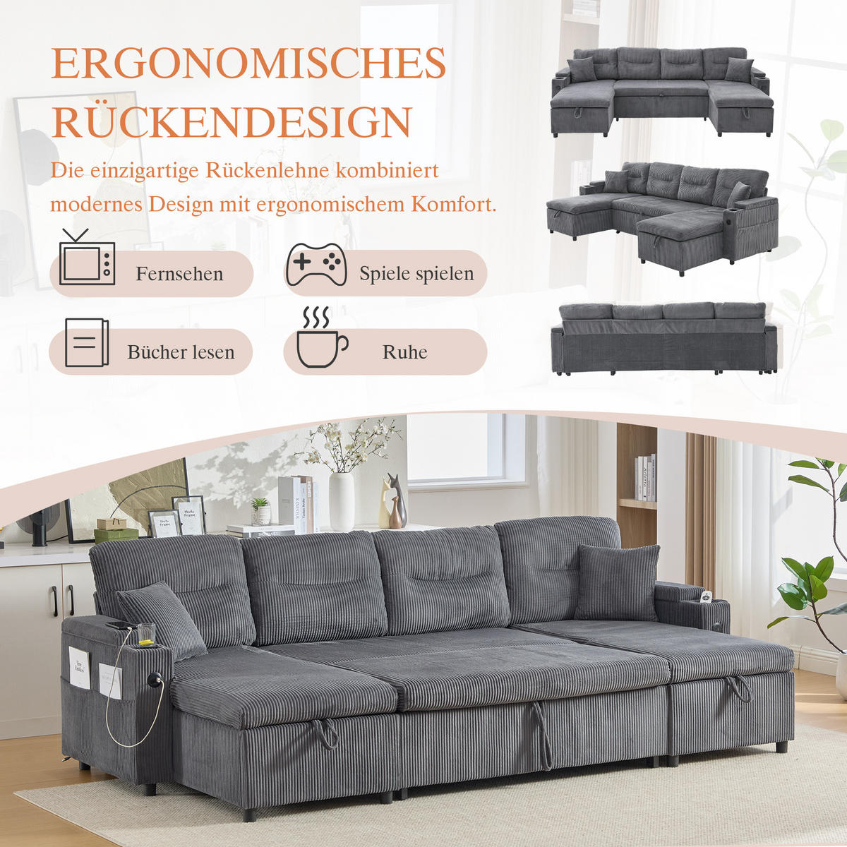 SCHLAFSOFA 4-Sitzer mit Chaiselongues, USB und Stauraum, Schwarz - Grau, Textil (272/86/136cm)