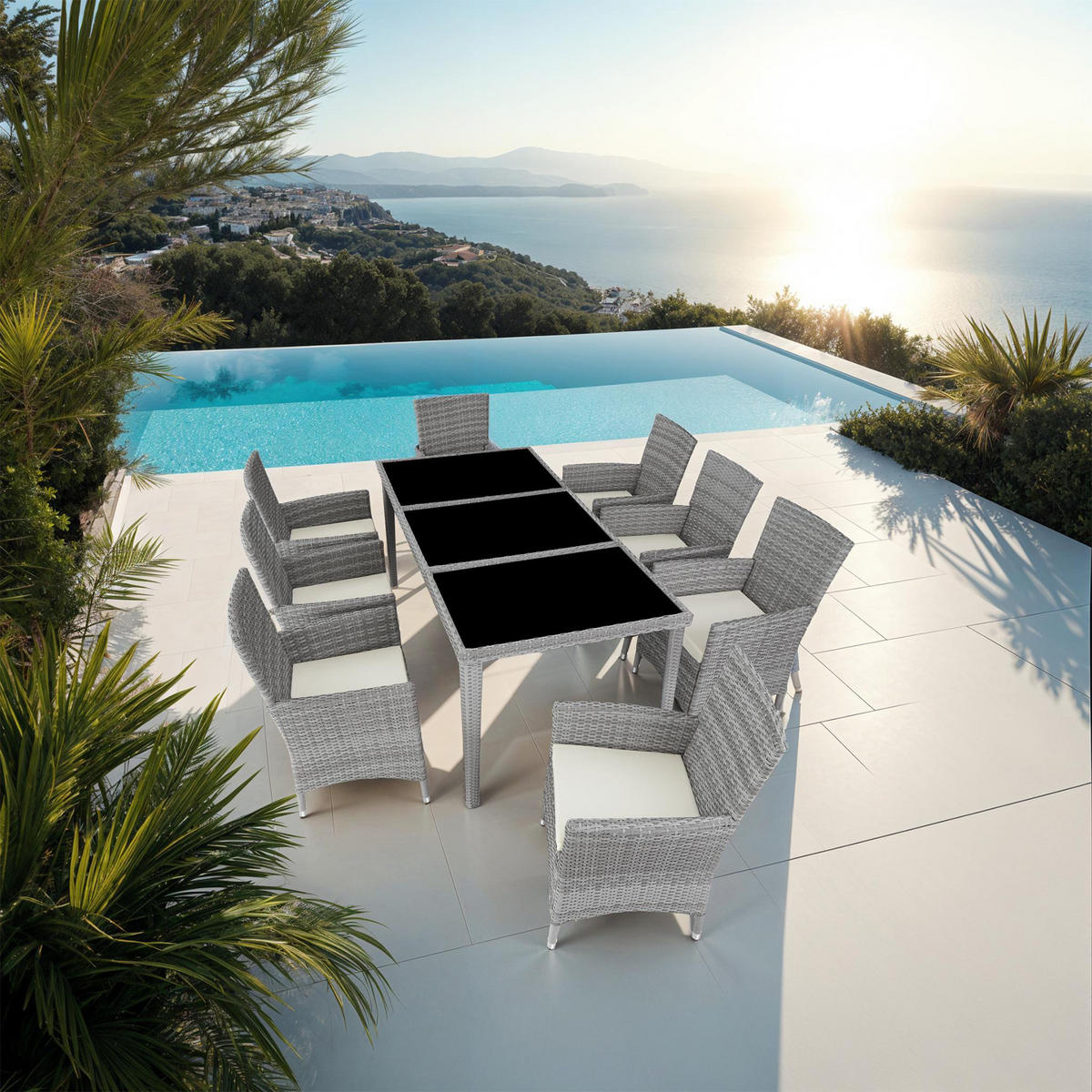 RATTAN SITZGRUPPE Menorca,2 Bezugssets, inklusive Schutzhülle,hellgrau - Hellgrau, Kunststoff - tectake