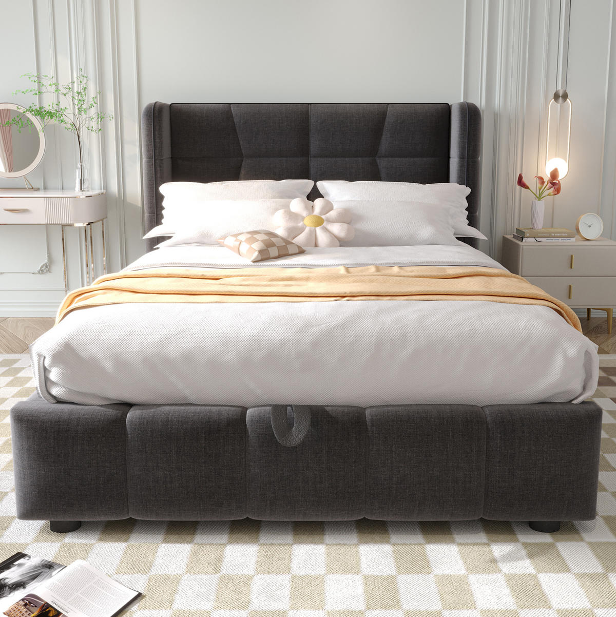 ČALÚNENÁ posteľ z látky 90x200 cm sivá s úložným priestorom, výklopným systémom a čalúneným čelom - sivá, textil (90/200cm) - Modfu