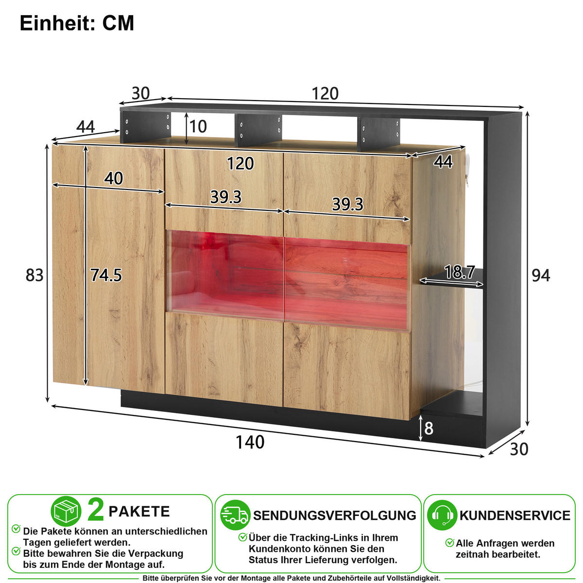 SIDEBOARD in Holzoptik 140/44/94 cm aus MDF mit LED-Beleuchtung, Bluetooth-Steuerung, und Stauraum - Naturfarben, Holzwerkstoff/Kunststoff (140/94/44cm) - CHICFURN