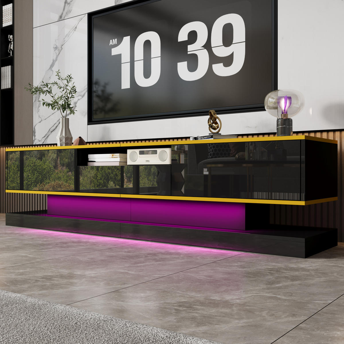 TV omarica 180/38/45 cm s 3 predali, odprtim predelkom, LED osvetlitvijo in visokim sijajem, Črna in zlata - črna, leseni material (180/45/38cm) - Redom