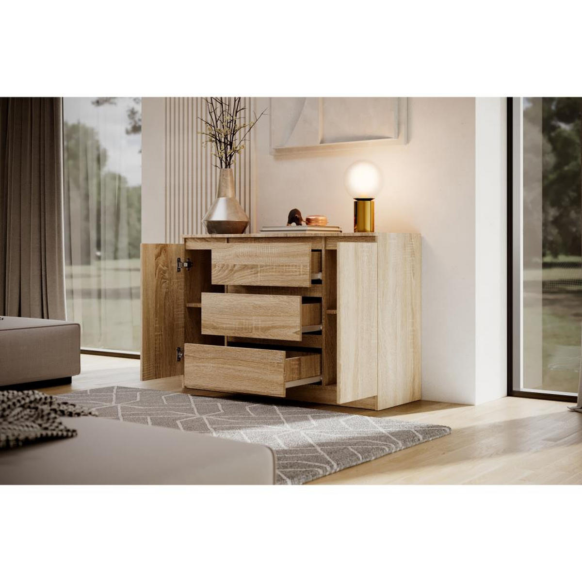 KOMMODE Lemon 120 cm mit zwei Türen und drei Schubladen eiche Sonoma - Sonoma Eiche, Holzwerkstoff (120/78/39cm) - Beautysofa