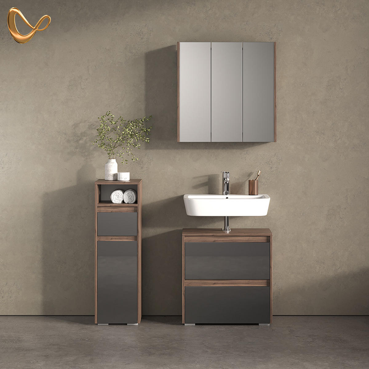 BADMÖBEL-SET Savuto Anthrazit 3 Teile - Anthrazit/Walnussfarben, Holzwerkstoff (60/62/30cm) - Livinity®