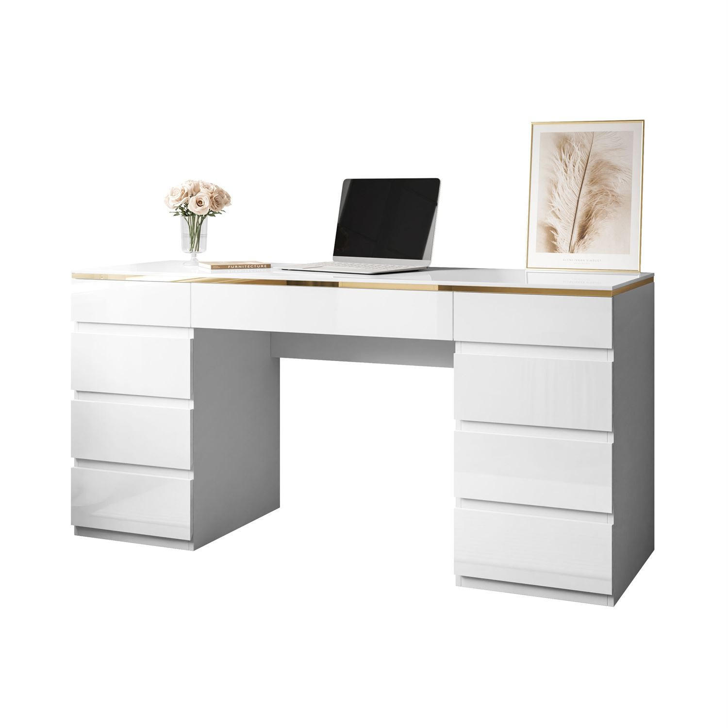 SCHREIBTISCH AURORA DOUBLE GOLD mit Schubladen - Weiß, Holzwerkstoff (55/156.8/79.2cm) - Lookway