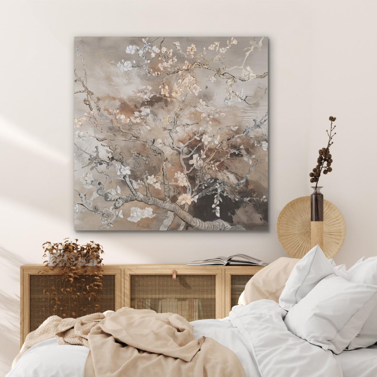 AKUSTIKPANEEL Mandelblüte - Kunst - Van Gogh - Beige - Abstrakt 90x90 cm - Braun, Textil (90/0.9cm) - MuchoWow