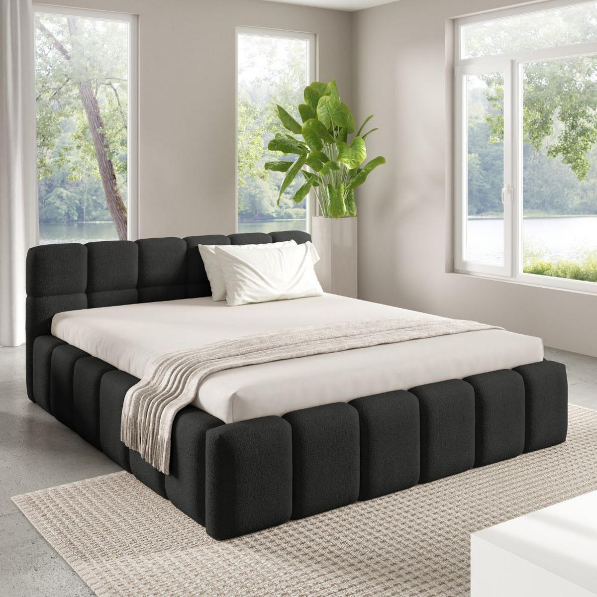 POLSTERBETT NUBO Medium 180x200 cm mit Bettkasten – QUELLE 100 - Schwarz, Holz (180/200cm) - Dekori_Interiors