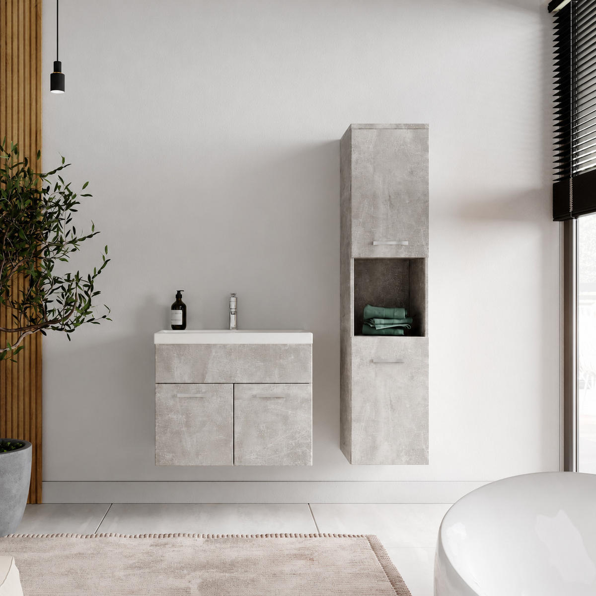 BADMÖBEL-SET Montreal 3 Teile Beton Grau - 60 x 35 x 51 cm - Grau, Holz (60/51/35cm) - Badplaats