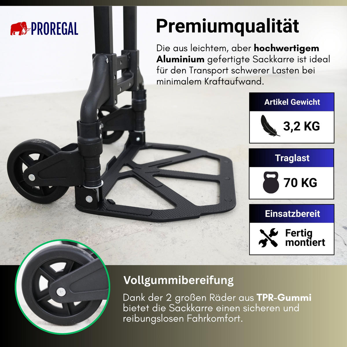 SACKKARRE Elephant klappbar 110x39x42cm Traglast 70kg AluminiumrahmenTRR Fachgummiräder Schwarz - Schwarz, Metall (42/39/110cm) - PROREGAL